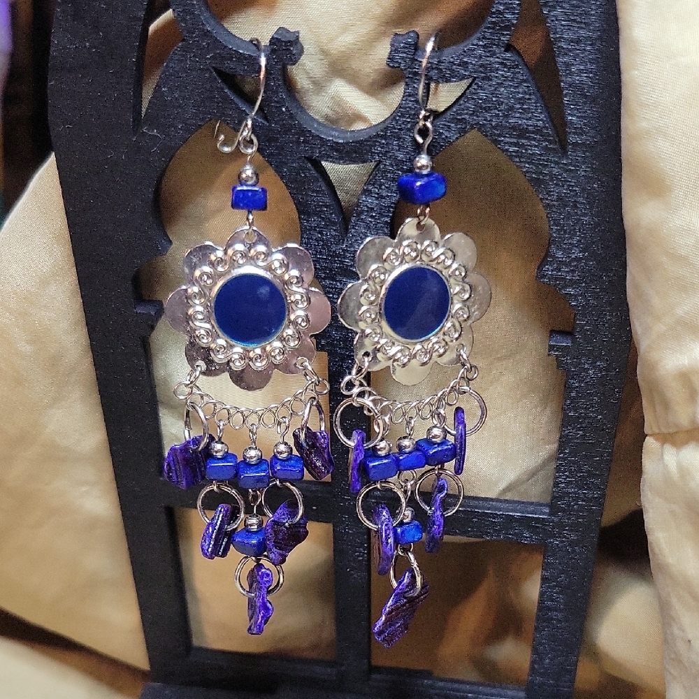 Chic Blue and Silver Floral Dangle Earrings